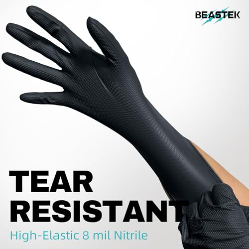BEASTEK Nitrile Disposable Gloves, 8Mil Latex & Powder Free Chemical Resistant Heavy Duty Food Safe Diamond Glove Black 50Pcs - color: Medium (Black)