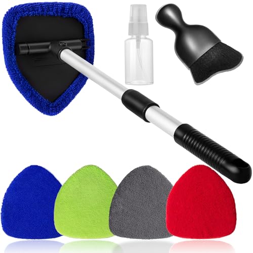Qydipclin 7pcs Windshield Cleaner Tool Car Window Cleaning Wash Kit with 4 Reusable Microfiber Pads 1 Spray Bottle and Extendable Handle Auto Glass Wiper Kit, Multicolor - color: Blue & Green & Gray & Red