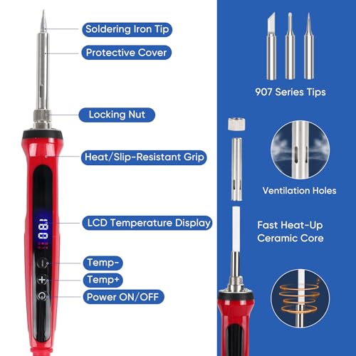 Soldering Iron Kit, 120W Soldering Tools with LCD Digital Display, 180°-500°C / 356°-932°F Adjustable Temperature, Auto Sleep, 907 Series Tips, for Electronics Repair, Jewelry, DIY Projects