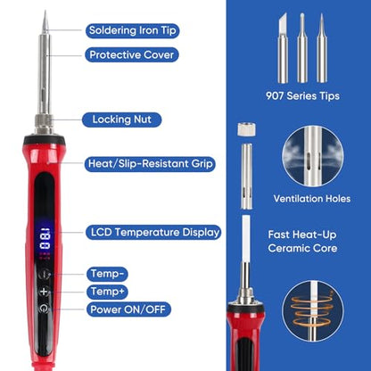 Soldering Iron Kit, 120W Soldering Tools with LCD Digital Display, 180°-500°C / 356°-932°F Adjustable Temperature, Auto Sleep, 907 Series Tips, for Electronics Repair, Jewelry, DIY Projects