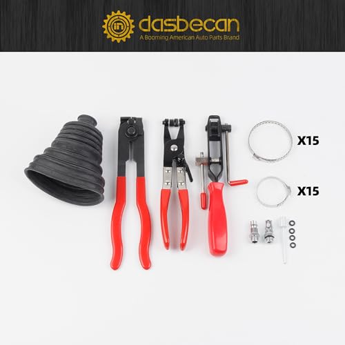 Dasbecan Upgraded Pneumatic CV Boot Expander Tool, CV Boot Clamp Tool Kit | Universal CV Axle Boot Spreader with 3 CV Joint Boot Clamp Pliers , 1 Boot, 15 Clamps and 4 1/4" NPT Air Hose Nipple - color: Red, size: Pro Kit (3 Pliers + 1 Boot + 15 Clamps)