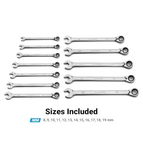 Capri Tools 120-Tooth Ultra-Smooth Reversible Ratcheting Wrenches Set, XL Long Series, 12-Point, 8 to 19 mm, Metric, 12-Piece with Merchanic's Tray - size: 12-Piece Metric Set