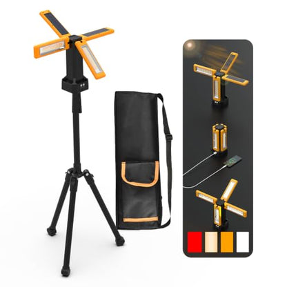 13200mAh Rechargeable Solar Work Light with Folding Stand and Carrying Bag, AODOO 8000 Lumen Stepless Dimmable , White/Warm/Nature White/RED(SOS) with Detachable Tripod (Orange) - color: Orange