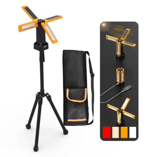 13200mAh Rechargeable Solar Work Light with Folding Stand and Carrying Bag, AODOO 8000 Lumen Stepless Dimmable , White/Warm/Nature White/RED(SOS) with Detachable Tripod (Orange) - color: Orange