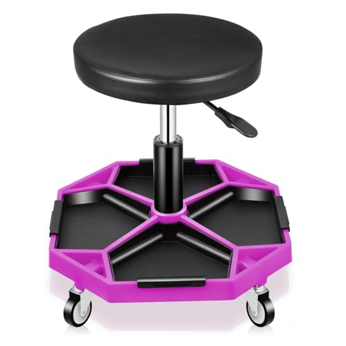 Auto Dynasty Mechanic Stool, Adjustable Rolling Pneumatic Creeper Garage Shop Seat with Tool Tray, 300 LBS Roller Seat for Workshop Auto Repair, Adjustable Height 15.7" to 21", Purple - color: Purple