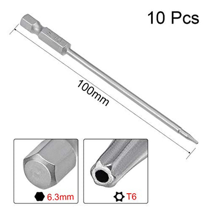 uxcell 10 Pcs T6 Magnetic Torx Screwdriver Bits, 1/4 Inch Hex Shank 3.94-inch Length S2 Security Tamper Proof Screw Driver Kit Tools - size: T6