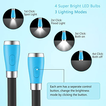 USB Rechargeable Neck Book Light for Reading in Bed, 4 LED Bulbs 4 Adjustable Brightness, Hands Free for Night Jogging or Mending Lamp (Blue) - color: Blue