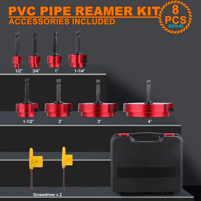 PVC Pipe Reamer Kit, 8-Piece Double-Blade PVC Fitting Saver Socket Saver Tool, 1/2" to 4" Reamer for U.S. Schedule 40 PVC, Tungsten Carbide Alloy Blades, Fits Standard 1/2" Drills