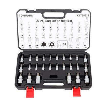 TOMMARS 26-PC Torx Socket Set, Torx Star Tamper Proof Security Bit | T10-T70 & TT10-TT70,1/4", 3/8", 1/2" Drive, S2 Steel Bits, CRV Sockets - style: Torx and Torx Tamper Proof Bit Socket