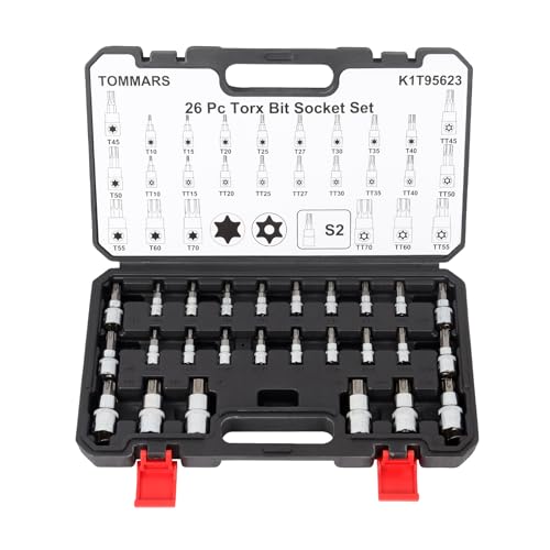 TOMMARS 26-PC Torx Socket Set, Torx Star Tamper Proof Security Bit | T10-T70 & TT10-TT70,1/4", 3/8", 1/2" Drive, S2 Steel Bits, CRV Sockets - style: Torx and Torx Tamper Proof Bit Socket