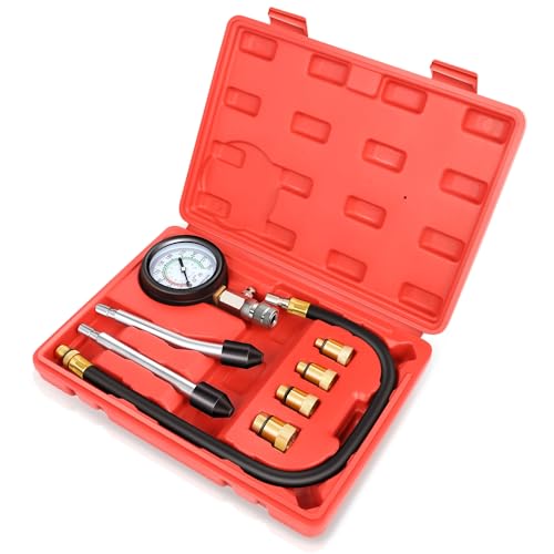 Auto Dynasty 8 Pieces Kit - 3-in-1 Engine Compression Tester Automotive Quick & Accurate Cylinder 0-300 Psi Pressure Measurement Tool with Carrying Case Universal for Vehicles (Red)