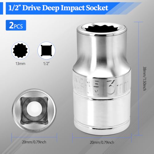 2 Pcs 1/2" Drive 13mm Shallow Impact Socket | Anti-Rounding 12 Point Design, Square Chamfered Opening, Easy Removal of Axle Nut - color: Shallow, size: 13mm