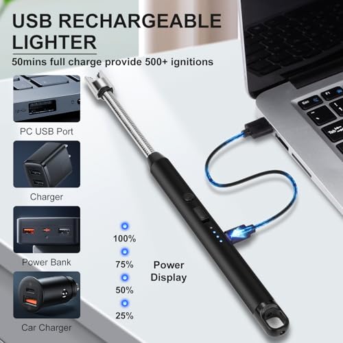 LcFun Candle Lighter with 360° Flexible Neck & Safety Lock, Windproof USB Rechargeable Electric Lighter Gift Sets, Flameless Arc Long Lighters Matches for Grill, BBQ, Camping, Fireplace, Stove - color: Black