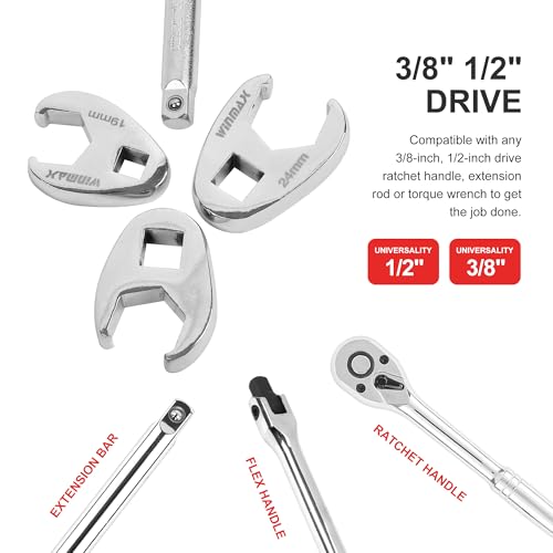 1/2" and 3/8”Drive Crowfoot Wrench Set, 15 Piece Metric Crows Foot Wrench Sizes 8mm-24mm, Chrome-Moly Flare Nut Wrench Set