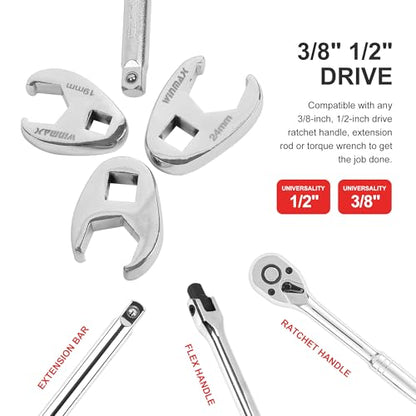 1/2" and 3/8”Drive Crowfoot Wrench Set, 15 Piece Metric Crows Foot Wrench Sizes 8mm-24mm, Chrome-Moly Flare Nut Wrench Set