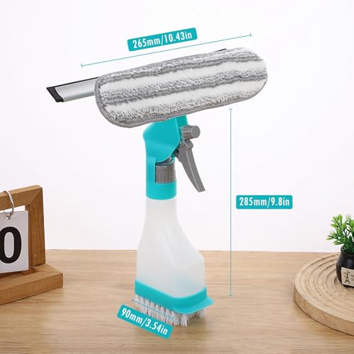4 in 1 Window Cleaner Tool with Squeegee & Sprayer, 10" Streak-Free Scraper Kit with Microfiber Washer Head, Portable Multifunction Refillable Bottle for Glass/Shower/Car