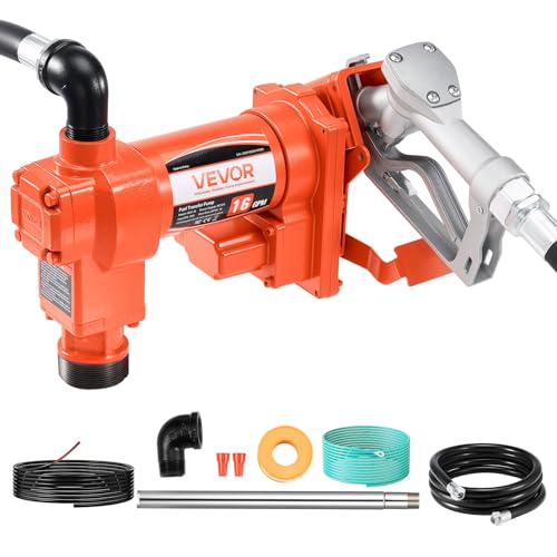 VEVOR Fuel Transfer Pump, 12V DC 16 GPM 1/4 HP Diesel Pump, Extractor Pumps with Manual Nozzle, Discharge Hose and Suction Pipe, for Gasoline, Diesel, Kerosene, Ethanol-Methanol Blends & Biodiesel - size: 12V 16GPM