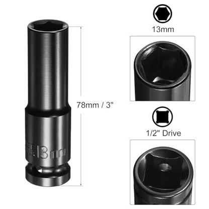 HARFINGTON Deep 6-Point Impact Socket 1/2" Drive 13mm Metric Socket 3" Length with 1/4" Hex Shank Adapter, CR-V Steel Socket Adapter Accessory Tool Set Kit for Hex Bolts Nuts - size: 13mm