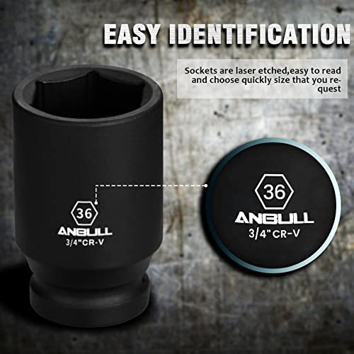Anbull 3/4 Inch Drive Deep Impact Socket Set, 13 Piece Metric Combination, Sizes 17mm 19mm 21mm 22mm 24mm 27mm 30mm 32mm 33mm 36mm 38mm 41mm Hex Socket Set, 6 Point Design, Cr-V Chrome Vanadium Steel