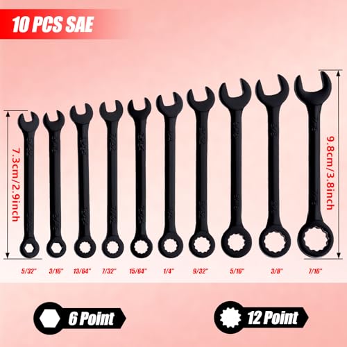 Mini Wrench Set SAE 10-Piece Ignition Wrench Set, 5/32"-7/16" Open End and Box End Combination Wrench Kit, Super Thin Small Wrenches with Zipper Bag and Key Ring for Small Fasteners, Black - style: SAE(Black)