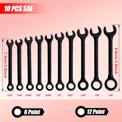 Mini Wrench Set SAE 10-Piece Ignition Wrench Set, 5/32"-7/16" Open End and Box End Combination Wrench Kit, Super Thin Small Wrenches with Zipper Bag and Key Ring for Small Fasteners, Black - style: SAE(Black)