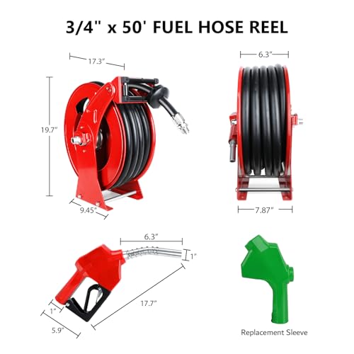 3/4” x 50ft Fuel Hose Reel Retractable with Fuel Nozzle, 3/4 Inch Diesel Fuel Transfer Hose, Auto Swivel Rewind, Max 300 PSI Tank Pump Hose, Easy Use for Farms Boat Truck Bed Trailer Cart - color: Red, size: 3/4" x 50ft