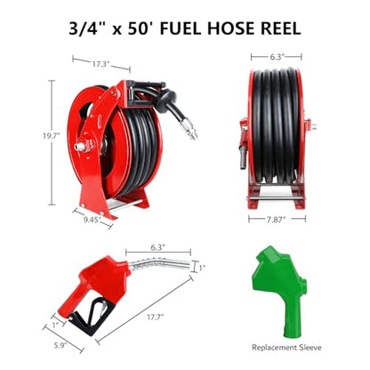 3/4” x 50ft Fuel Hose Reel Retractable with Fuel Nozzle, 3/4 Inch Diesel Fuel Transfer Hose, Auto Swivel Rewind, Max 300 PSI Tank Pump Hose, Easy Use for Farms Boat Truck Bed Trailer Cart - color: Red, size: 3/4" x 50ft