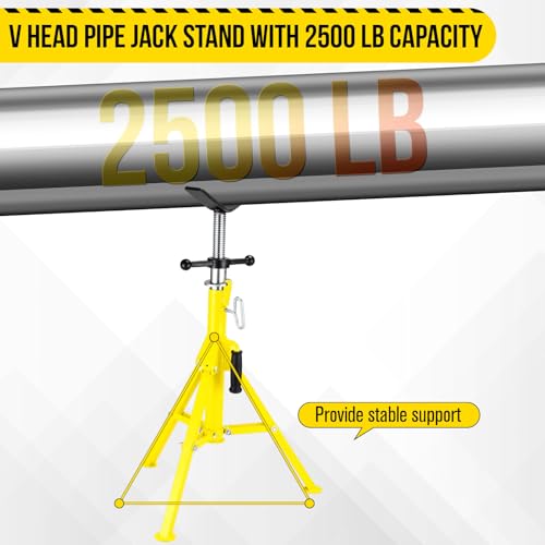 2PCS V Head Pipe Jack Stand, Folding Portable Pipe Stands for 1/8 to 12 Inch Pipes Supporting, 2500LB Load, 28''-52'h Adjustable - color: yellow