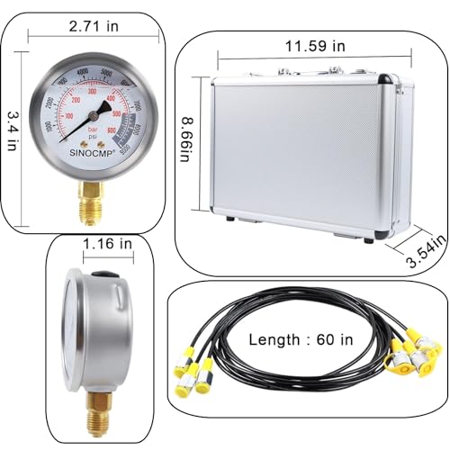 Hydraulic Pressure Test Kit with 3 Gauges 25/40/60 Mpa, 9 Couplings, 3 Test Hoses, Hydraulic Gauge Tester Set for Excavator Construction Machinery - size: Silver 3 gaugs 9 couplings
