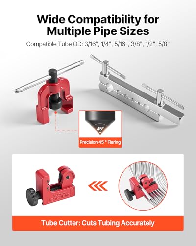 VEVOR 3/16" Brake Line Repair Kit, 45° Single Brake Line Flaring Tool Kit, 25FT Copper-Coated Brake Line with 20 Fittings & 2 Unions, 3-in-1 Tube Bender (1/4", 5/16", 3/8"), Tube Cutter Included - size: 3/16"-5/8"