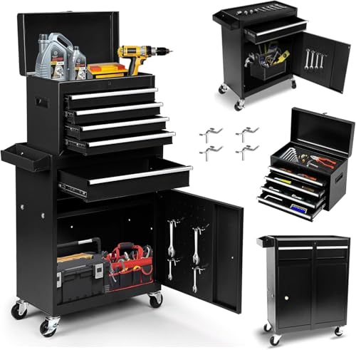5 Drawers Rolling Tool Chest, 2-in-1 Detachable Metal Tool Storage Cabinet with Wheels, Lockable Tool Cart with Hooks for Garage, Workshop or Salon Use, Black - color: Black, size: 5 Drawers