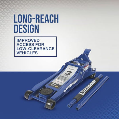 Strongway 3-Ton Long-Reach Low-Profile Professional Floor Jack | Access for lowered vehicles, Professional garage service, Stable lifting, Controlled positioning, Shop-ready construction - style: Low profile