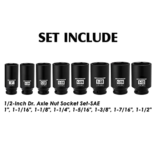MIXPOWER 8 Pieces 1/2-Inch Drive Deep Impact Socket Set, CR-MO, 6 Point, Deep, SAE, 1-Inch - 1-1/2 inch, 1/2" Drive Axle Nut Socket Set