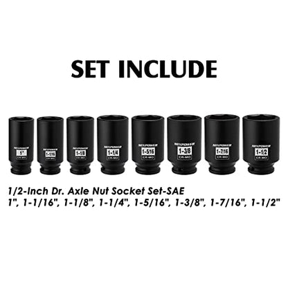 MIXPOWER 8 Pieces 1/2-Inch Drive Deep Impact Socket Set, CR-MO, 6 Point, Deep, SAE, 1-Inch - 1-1/2 inch, 1/2" Drive Axle Nut Socket Set