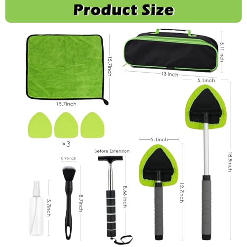 7PCS Windshield Cleaner Tool, Car Windshield Cleaner Tool+Side Mirror Squeegee +3 Microfiber Pads+100ml Spray Bottle+1 Detailing Brush,12-19inches Extendable Handle,180° Rotation