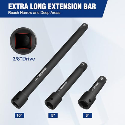 WORKPRO 3/8" Drive Impact Extension Bar Set, Socket Extensions | 3 PCS Socket Extensions, 3”, 5” and 10” Length, Premium Chrome Vanadium Steel with Black Phosphate Finish - style: 3/8" DR