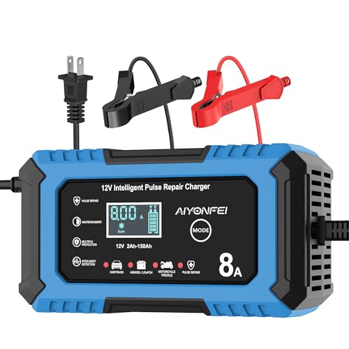 12V Battery Charger 8-Amp Smart Trickle Charger, Blue | Battery Maintainer and Desulfator, Temperature Compensation, for Car, Truck, SUV, Motorcycle, Boat, Lead Acid, LiFePO4 - color: Blue