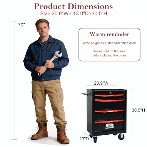 RYH 4/5/6/7 Drawers Rolling Tool Chest - Heavy Duty Mobile Tool Cart with Locking Wheels & Ball Bearing Drawers, 30.5" H x 20.9" W x13 D Garage Tool Storage Cabinet，Metal Tool Box (Black, 4 Drawers) - color: Black-red, size: 4 Drawers（30"H × 20"W × 13"D)