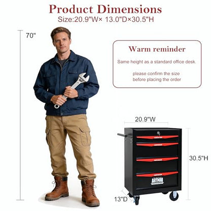 RYH 4/5/6/7 Drawers Rolling Tool Chest - Heavy Duty Mobile Tool Cart with Locking Wheels & Ball Bearing Drawers, 30.5" H x 20.9" W x13 D Garage Tool Storage Cabinet，Metal Tool Box (Black, 4 Drawers) - color: Black-red, size: 4 Drawers（30"H × 20"W × 13"D)