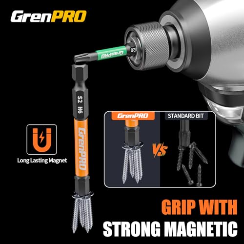 GRENPRO 33Pcs Impact Screwdriver Bits Set, 2" Allen Wrench & Torx Drill Bit Set (SAE & Metric), S2 Steel Magnetic 1/4" Hex-Shank CNC Machined Bit Set with Storage Box for Automotive DIY & Home Repair - size: 33pcs(Trox&Metric&SAE)