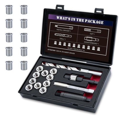 M12X1.75X16.2MM Thread Repair Kit with Insert HSS Drill, Tap, Counterbore, Installation Driver, Metric, 10PCS Stainless Steel Insert M12X1.75X16.2MM - size: M12X1.75X16.2MM Thread Repair Kit