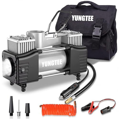 YUNGTEE Silver Tire Inflator Heavy Duty Double Cylinders Direct Drive Inflation Pump, 12V Portable Air Compressor Pump with Emergency LED Light - 150PSI, Apply to Car, SUV, RV - color: Silver
