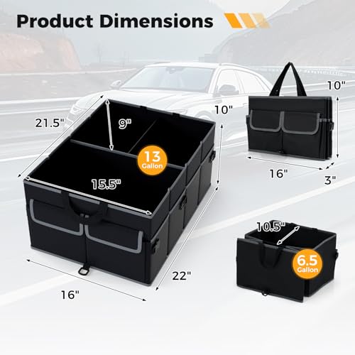 Car Trunk Organizer, 13 Gallon Collapsible Cargo Storage Box with Removable Divider & 6 Pockets, 3-Compatment Trunk Container with Securing Straps & Non-Slip Bottom for SUV, Sedan - size: 13 Gallon