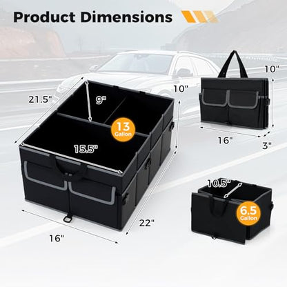 Car Trunk Organizer, 13 Gallon Collapsible Cargo Storage Box with Removable Divider & 6 Pockets, 3-Compatment Trunk Container with Securing Straps & Non-Slip Bottom for SUV, Sedan - size: 13 Gallon