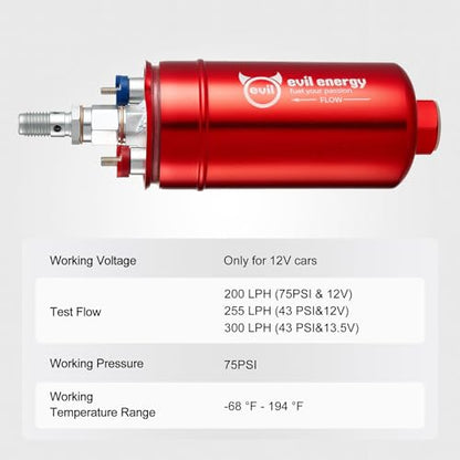EVIL ENERGY External Inline Fuel Pump for 12V EFI System, 300LPH Flow | Compatible with Gasoline, Pump Gas, Race Gas, and Diesel, 10AN Inlet & 6AN Outlet, 60mm Bracket Included - color: Red