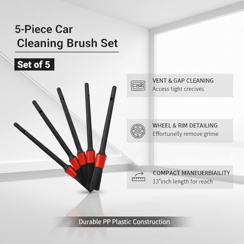 5-Piece Car Detailing Brush Set for Interior Vents, Dashboard Crevices & Wheel Rims - Black PP Plastic Cleaning Tools