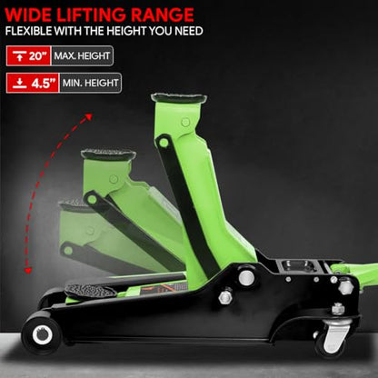 DNA Motoring Low Profile Hydraulic Trolley Service/Floor Jack, 4 Ton (8000 lbs) Capacity, Lifting Range 4.5"-20", Green, TOOLS-00307-GR - color: Green, style: 4 ton
