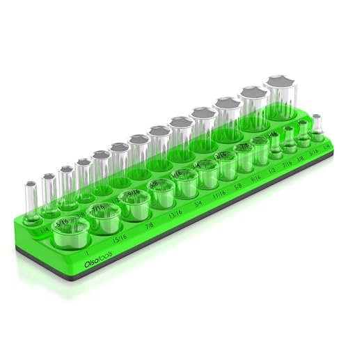 Olsa Tools Magnetic Socket Organizer - 3/8-Inch Drive SAE Socket Holder with Strong Magnets - Professional Tool Holder and Organizer - Stores up to 26 Sockets - Green - Part: 1116 - color: Green, Sae, size: 3/8-Inch Drive, SAE