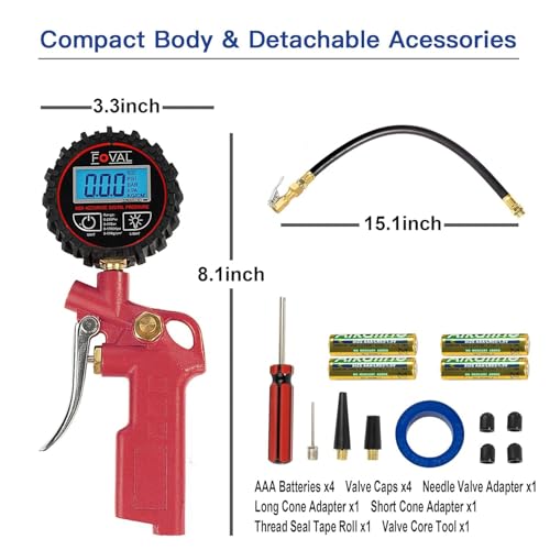 FOVAL Digital Tire Inflator with Pressure Gauge 250 PSI Air Chuck Compressor Accessories with Rubber Hose and Quick Connect Coupler for 0.1 Display Resolution (1)