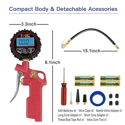 FOVAL Digital Tire Inflator with Pressure Gauge 250 PSI Air Chuck Compressor Accessories with Rubber Hose and Quick Connect Coupler for 0.1 Display Resolution (1)